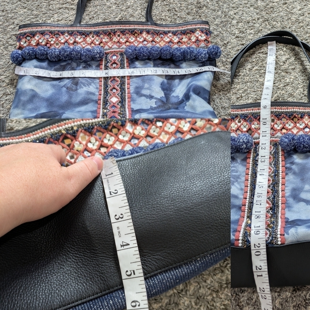 Rebecca Minkoff Dreamy Tote Blue Tie Dye Pom & Bead Cotton & Leather Bag - Picture 12 of 12